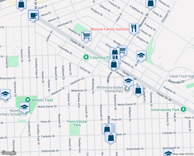 map of restaurants, bars, coffee shops, grocery stores, and more near 22109 Madison Street in Dearborn