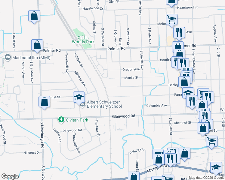 map of restaurants, bars, coffee shops, grocery stores, and more near 36283 Schley Street in Westland
