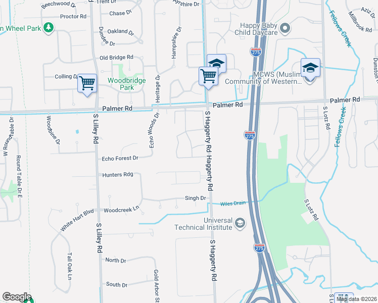 map of restaurants, bars, coffee shops, grocery stores, and more near 41751 Wild Turkey Lane in Canton