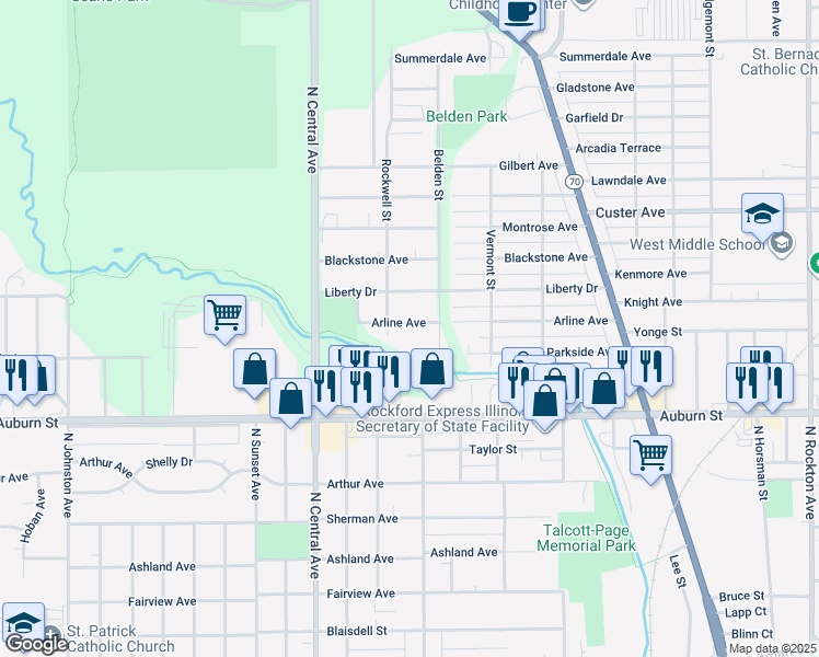 map of restaurants, bars, coffee shops, grocery stores, and more near 3422 Arline Avenue in Rockford
