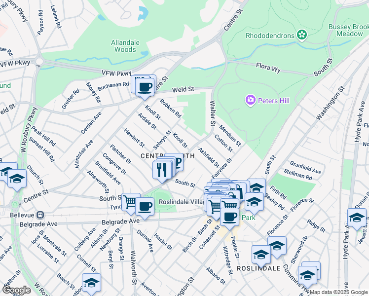 map of restaurants, bars, coffee shops, grocery stores, and more near 10 Knoll Street in Boston