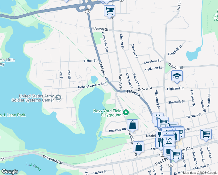 map of restaurants, bars, coffee shops, grocery stores, and more near 6 General Greene Avenue in Natick