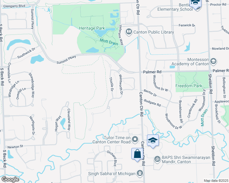 map of restaurants, bars, coffee shops, grocery stores, and more near 1693 Thistle Drive in Canton