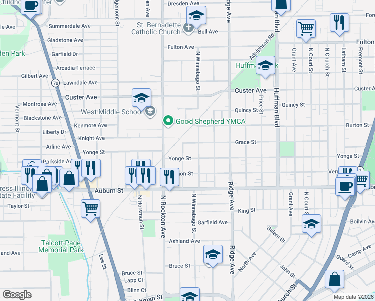 map of restaurants, bars, coffee shops, grocery stores, and more near 1718 North Winnebago Street in Rockford