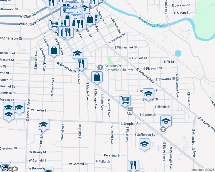map of restaurants, bars, coffee shops, grocery stores, and more near 904 South Carrol Avenue in Freeport