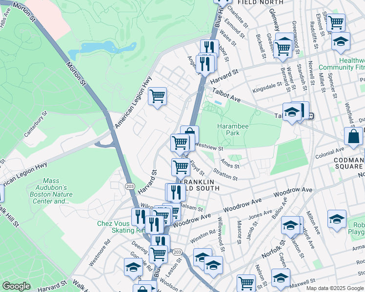 map of restaurants, bars, coffee shops, grocery stores, and more near 975 Blue Hill Avenue in Boston
