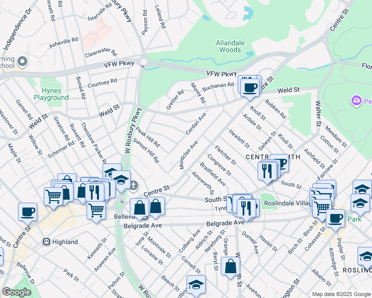 map of restaurants, bars, coffee shops, grocery stores, and more near 44 Montclair Avenue in Boston