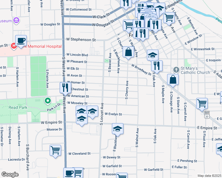 map of restaurants, bars, coffee shops, grocery stores, and more near 522 West Chestnut Street in Freeport