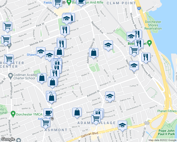 map of restaurants, bars, coffee shops, grocery stores, and more near 540 Adams Street in Boston
