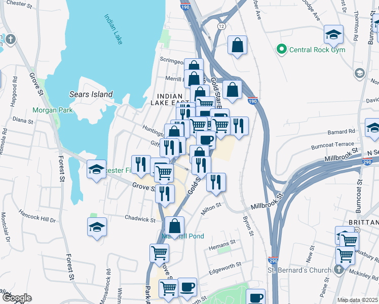 map of restaurants, bars, coffee shops, grocery stores, and more near 3 Ruthven Avenue in Worcester