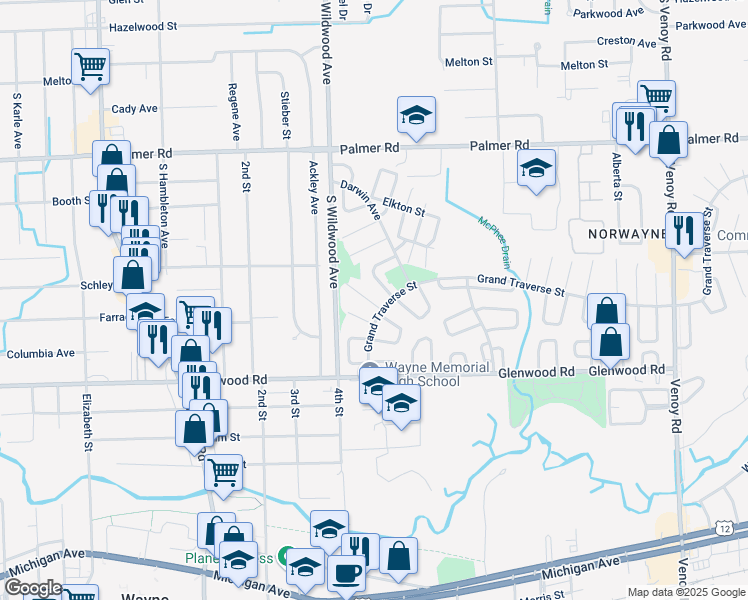map of restaurants, bars, coffee shops, grocery stores, and more near 34108 Decatur Court in Westland