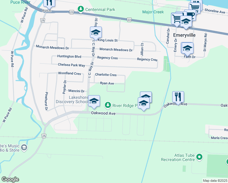 map of restaurants, bars, coffee shops, grocery stores, and more near Vincent Crescent in Lakeshore