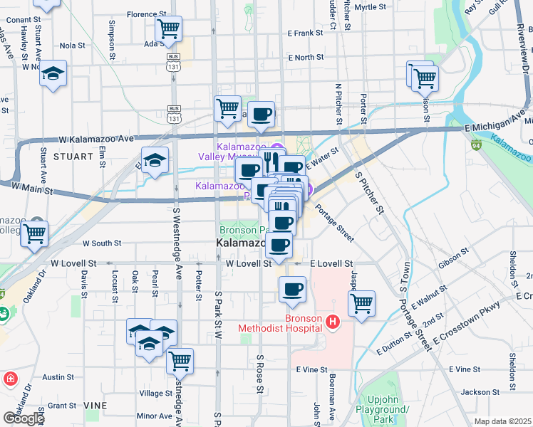 map of restaurants, bars, coffee shops, grocery stores, and more near 125 West Exchange Place in Kalamazoo