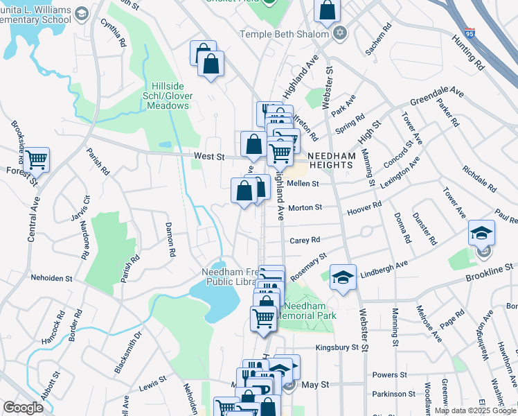 map of restaurants, bars, coffee shops, grocery stores, and more near 460 Hillside Avenue in Needham