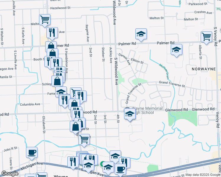 map of restaurants, bars, coffee shops, grocery stores, and more near 2464 Ackley Avenue in Westland