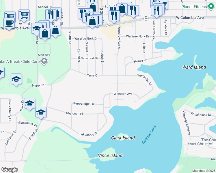 map of restaurants, bars, coffee shops, grocery stores, and more near 19 West Hazelwood Court in Battle Creek