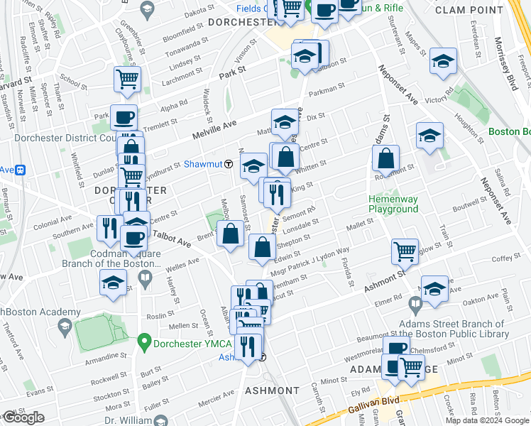 map of restaurants, bars, coffee shops, grocery stores, and more near 23 Roseland Street in Boston