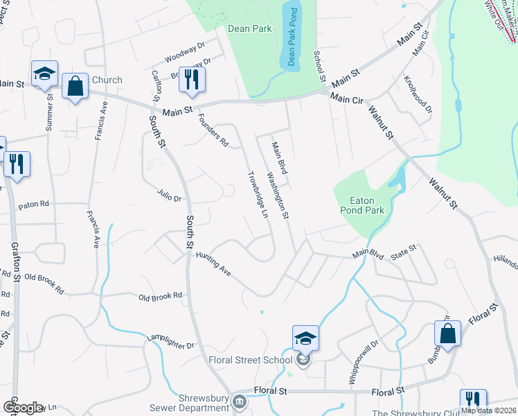 map of restaurants, bars, coffee shops, grocery stores, and more near 36 Trowbridge Lane in Shrewsbury