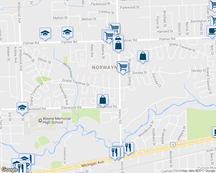 map of restaurants, bars, coffee shops, grocery stores, and more near 33055 Alanson Street in Westland