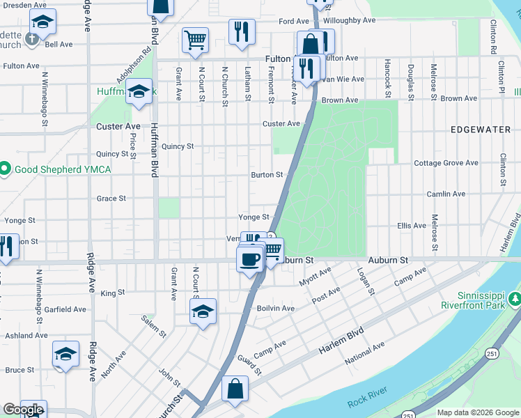 map of restaurants, bars, coffee shops, grocery stores, and more near 1326 Wagner Avenue in Rockford