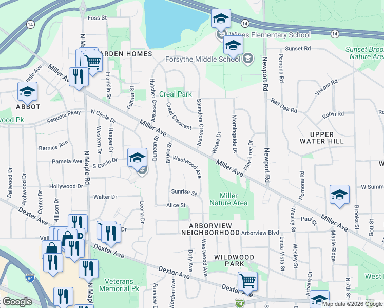 map of restaurants, bars, coffee shops, grocery stores, and more near 1867 Miller Avenue in Ann Arbor