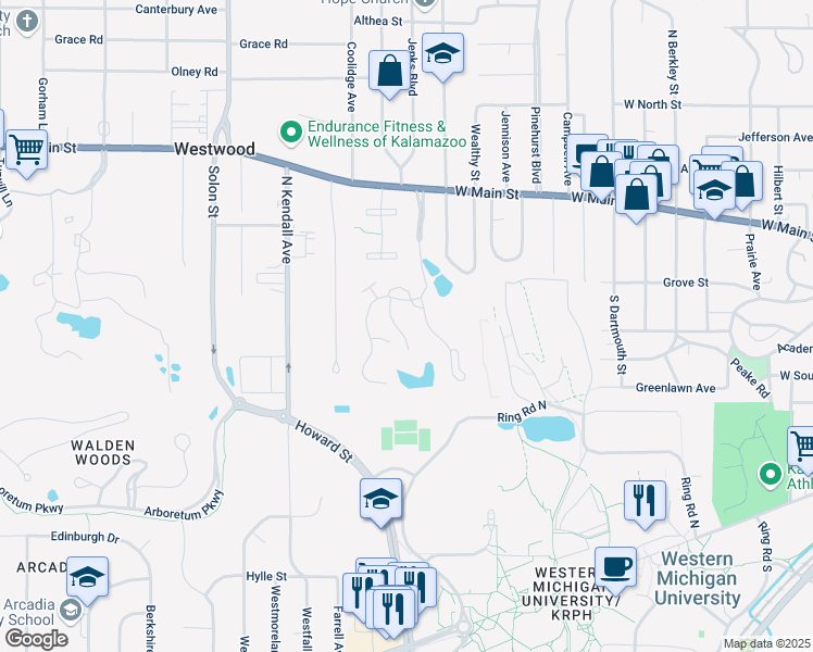 map of restaurants, bars, coffee shops, grocery stores, and more near 269 Lake Ridge Drive in Kalamazoo