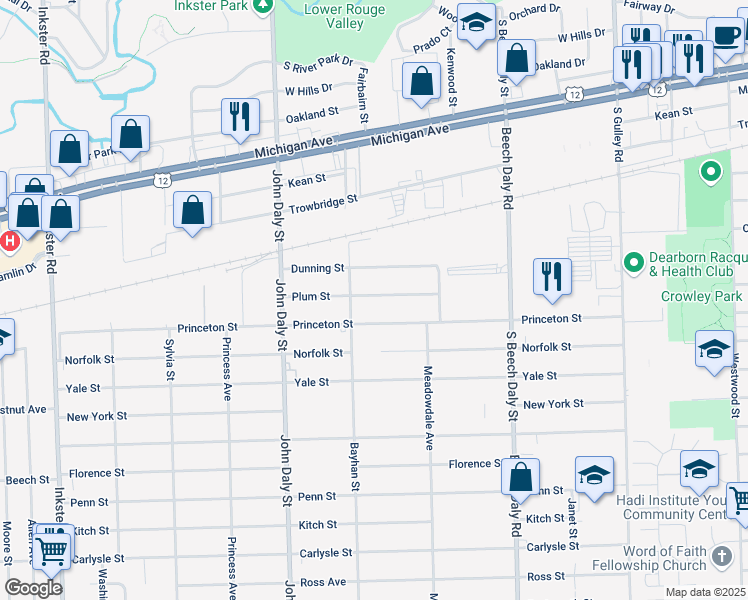 map of restaurants, bars, coffee shops, grocery stores, and more near 26253 Plum Street in Inkster