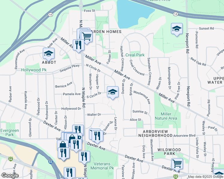 map of restaurants, bars, coffee shops, grocery stores, and more near 2244 South Circle Drive in Ann Arbor