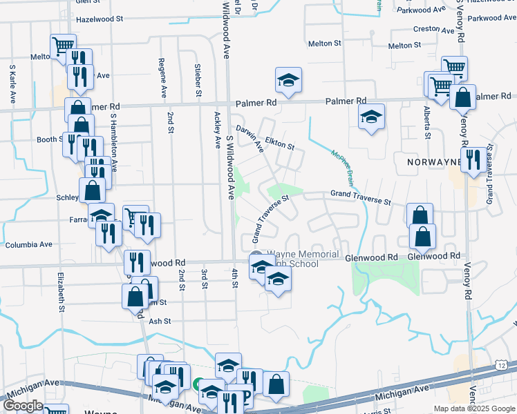 map of restaurants, bars, coffee shops, grocery stores, and more near 34110 Decatur Court in Westland