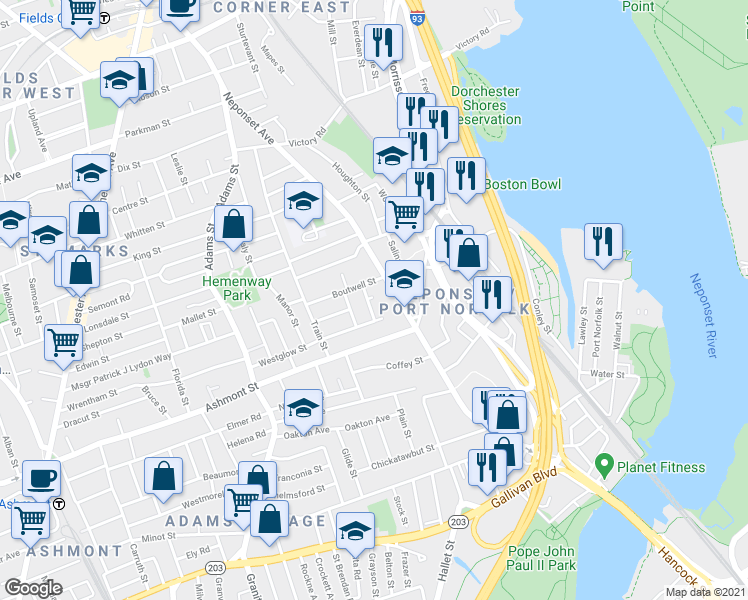 map of restaurants, bars, coffee shops, grocery stores, and more near 16 Frost Avenue in Boston