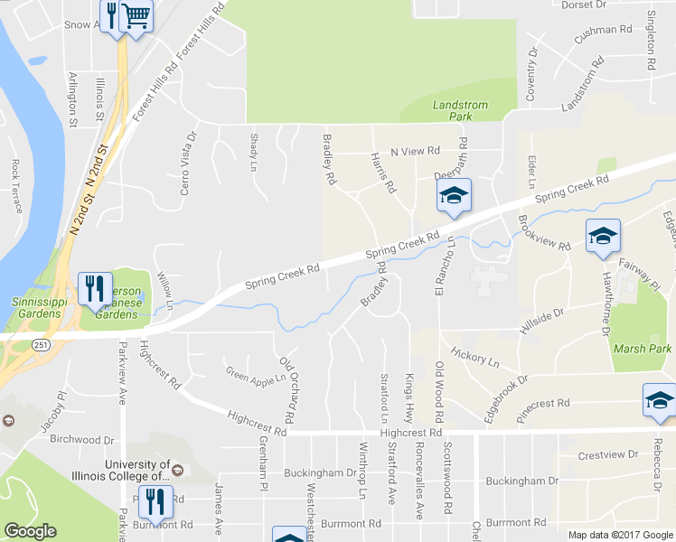 map of restaurants, bars, coffee shops, grocery stores, and more near 3111 Spring Creek Road in Rockford