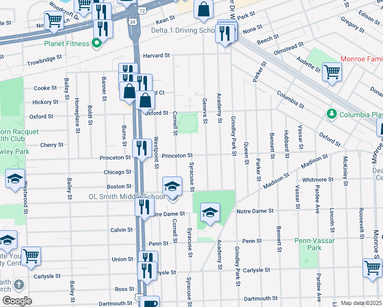 map of restaurants, bars, coffee shops, grocery stores, and more near 2855 Syracuse St in Dearborn