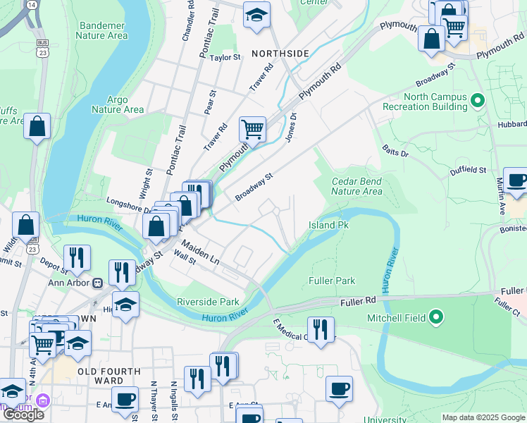 map of restaurants, bars, coffee shops, grocery stores, and more near 1080 Nielsen Court in Ann Arbor