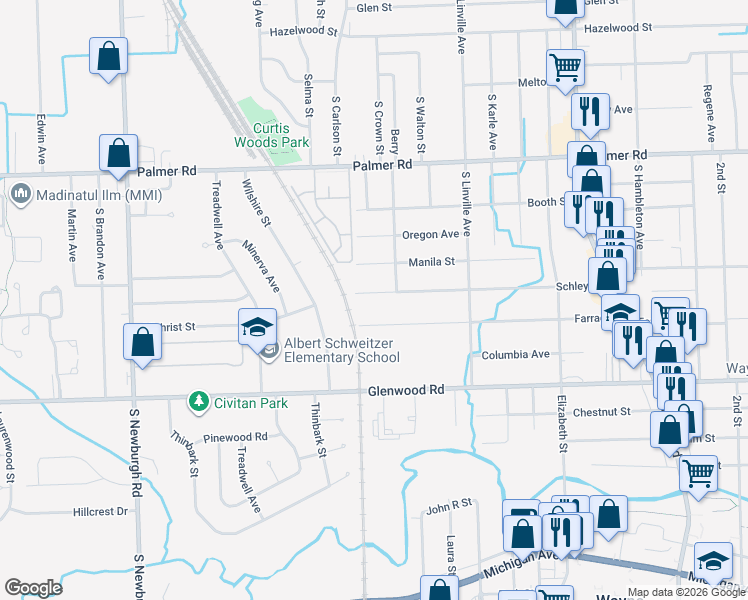 map of restaurants, bars, coffee shops, grocery stores, and more near 36283 Schley Street in Westland
