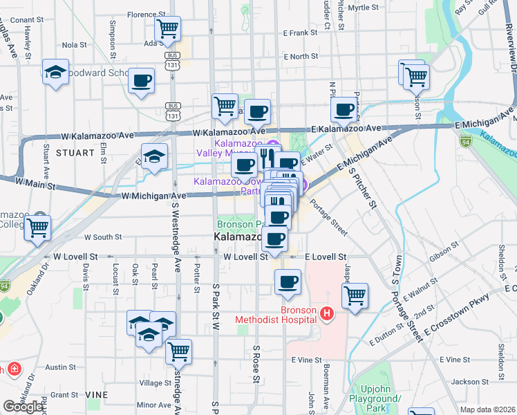 map of restaurants, bars, coffee shops, grocery stores, and more near 151 South Rose Street in Kalamazoo