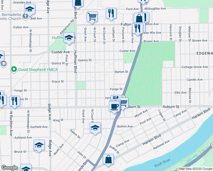map of restaurants, bars, coffee shops, grocery stores, and more near 1713 North Church Street in Rockford