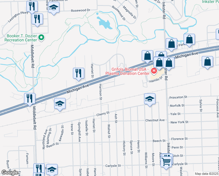 map of restaurants, bars, coffee shops, grocery stores, and more near 28255 Fortson Lane in Inkster