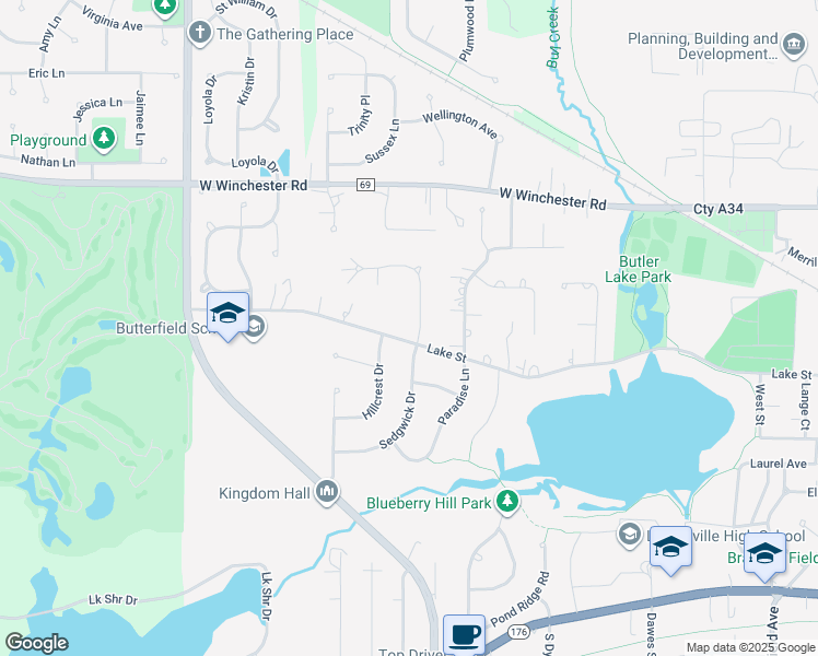 map of restaurants, bars, coffee shops, grocery stores, and more near 1100 Lake Street in Libertyville