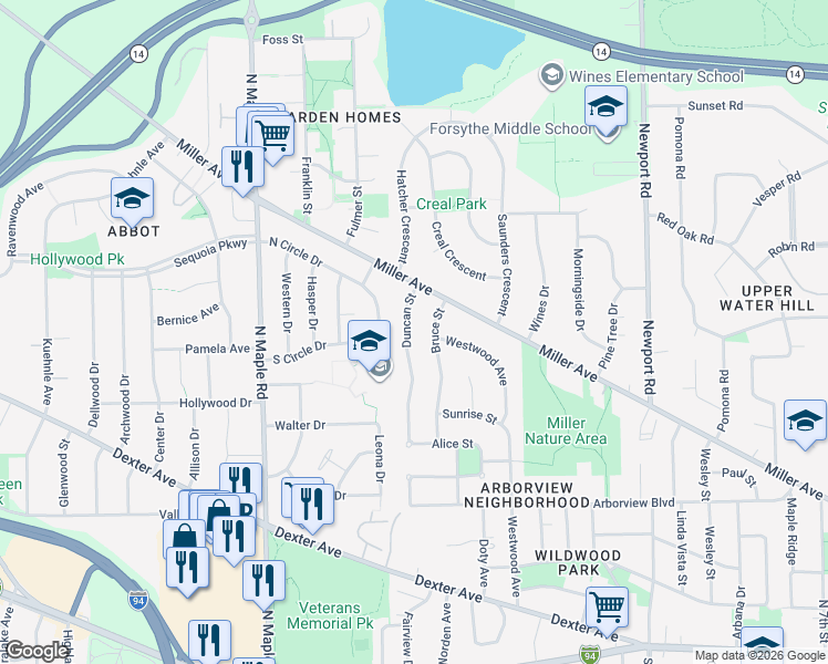 map of restaurants, bars, coffee shops, grocery stores, and more near 1000 Duncan Street in Ann Arbor