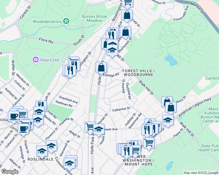 map of restaurants, bars, coffee shops, grocery stores, and more near 14 Bournedale Rd in Boston
