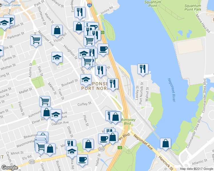 map of restaurants, bars, coffee shops, grocery stores, and more near 20 Norwood Street in Boston
