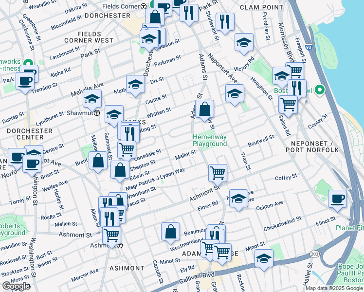 map of restaurants, bars, coffee shops, grocery stores, and more near 107 Lonsdale Street in Boston