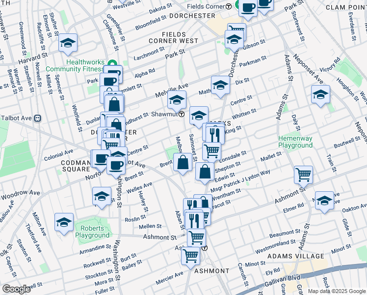 map of restaurants, bars, coffee shops, grocery stores, and more near 16 Melbourne Street in Boston