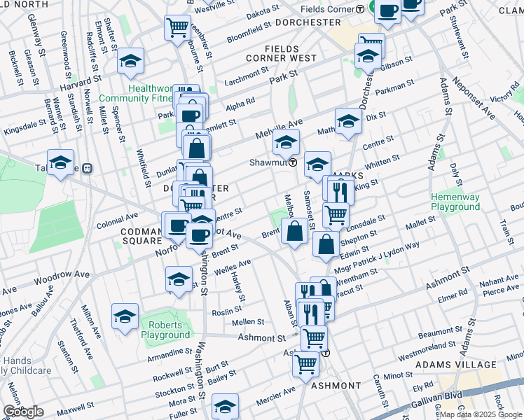 map of restaurants, bars, coffee shops, grocery stores, and more near 10R Wainwright Street in Boston