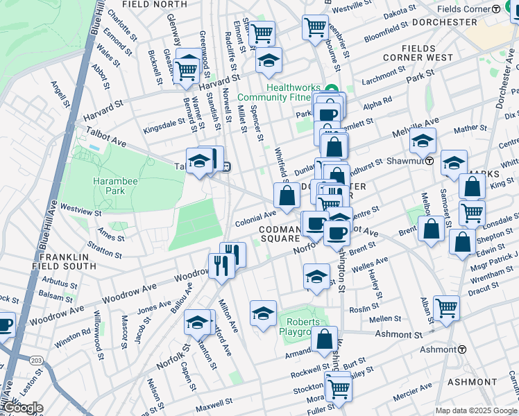 map of restaurants, bars, coffee shops, grocery stores, and more near 145 Millet Street in Boston