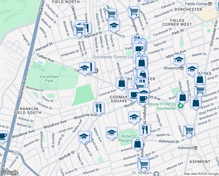 map of restaurants, bars, coffee shops, grocery stores, and more near 145 Millet Street in Boston