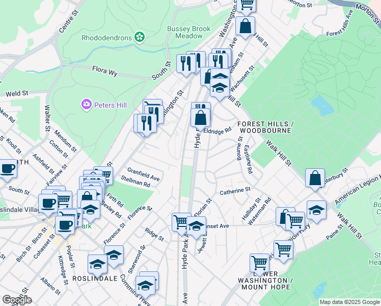 map of restaurants, bars, coffee shops, grocery stores, and more near 303 Hyde Park Avenue in Boston