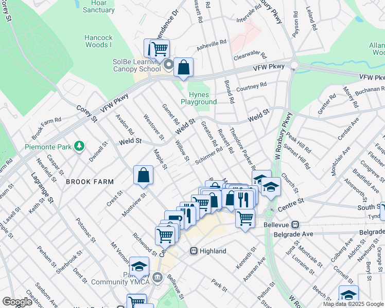 map of restaurants, bars, coffee shops, grocery stores, and more near 126 Redlands Road in Boston