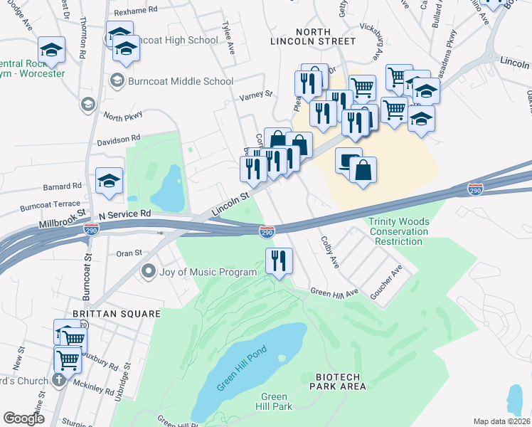 map of restaurants, bars, coffee shops, grocery stores, and more near 12 Marsh Avenue in Worcester