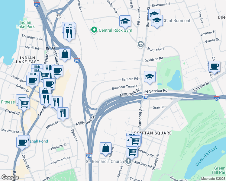 map of restaurants, bars, coffee shops, grocery stores, and more near 51 Burncoat Terrace in Worcester